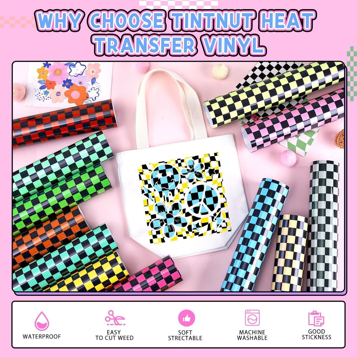 Tintnut Checkerboard Heat Transfer Vinyl, 12 Sheets 12"x10" Black Base Check Patterned HTV Iron on Vinyl for DIY T-Shirts, Apparel & Crafts