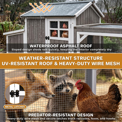 Large Outdoor Chicken Coop with Run & Wheels, 95.3" Wooden Hen House for 3–6 Chickens, 3-Compartment Nesting Box (2 Dividers), Pull-Out Tray, UV-Resistant Roof, Predator-Resistant Wire Mesh