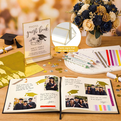 Pajean 2026 Graduation Guest Book Set with Photo Guest Book Sign Holder Dual Tip Pens Photo Corner Stickers Grad Cap Stickers for Congrats Grad Party Supplies Favors Gifts(Black Gold)