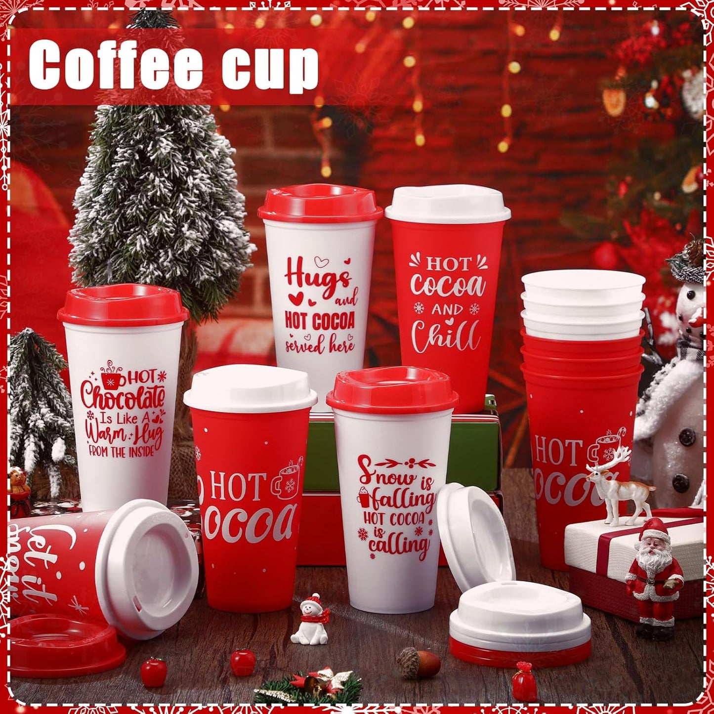 16 oz Tioncy Winter Mugs Gift Bulk Hot Cocoa Chocolate Bar Supplies Reusable Coffee Cups with Lids Plastic Cups Travel