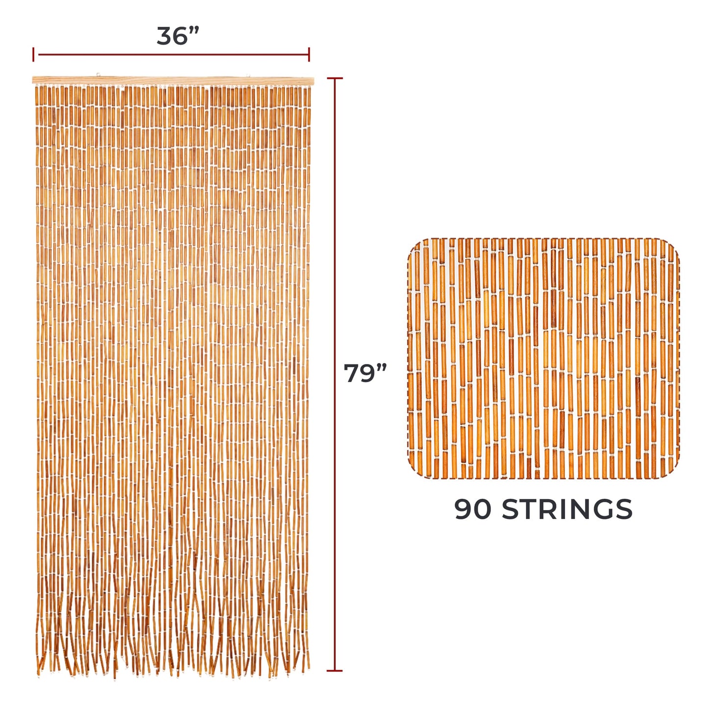 Natural Wooden Beaded Curtain with Solid Wood Beads, Hand-Painted Hanging Door Curtain, Natural Wood Doorway Beads, 36" x 79", 90 Strings, Handmade Wooden Room Divider for Doorways & Windows