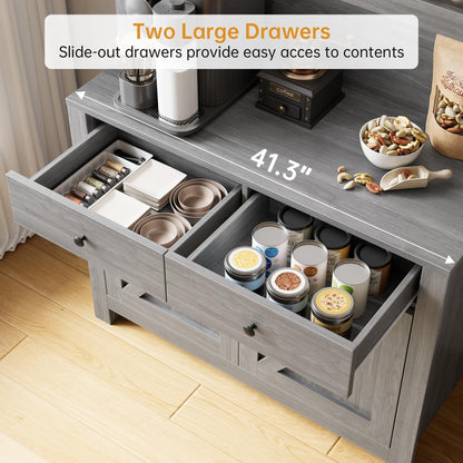 63" Tall Farmhouse Kitchen Pantry Cabinet with Microwave Stand, Freestanding Pantry Hutch Cabinet with Adjustable Shelves, Drawers & Countertop, Buffet Cupboard for Dining & Living Room Storage, Grey