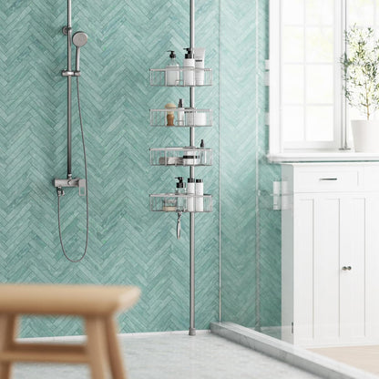 Zenna Home Tension Pole Shower Caddy - Adjustable 4 Basket Shelves, 60 to 108 Inch, Satin Nickel