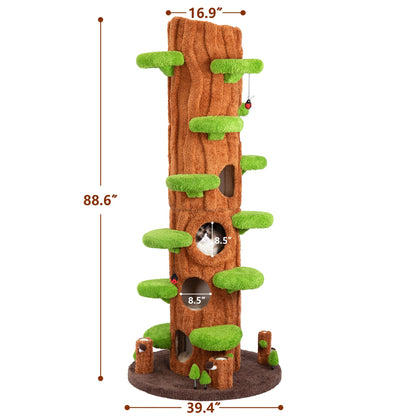 KAMABOKO 90.5" Tall Cat Tree for Indoor Cats, Large Cat Tower with Luxury Cat Condo, Cat Tree Tower with Soft Cushion, Scratching Board, Plush Platform＆ Top Perch, Green