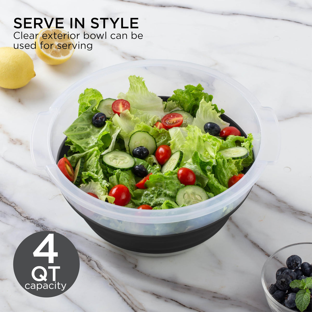 COOK WITH COLOR Collapsible Salad Spinner - 4 QT Space Saving Lettuce Dryer with Folding Collapsible Colander Great for Washing and Drying Fruit and Vegetables (Black)
