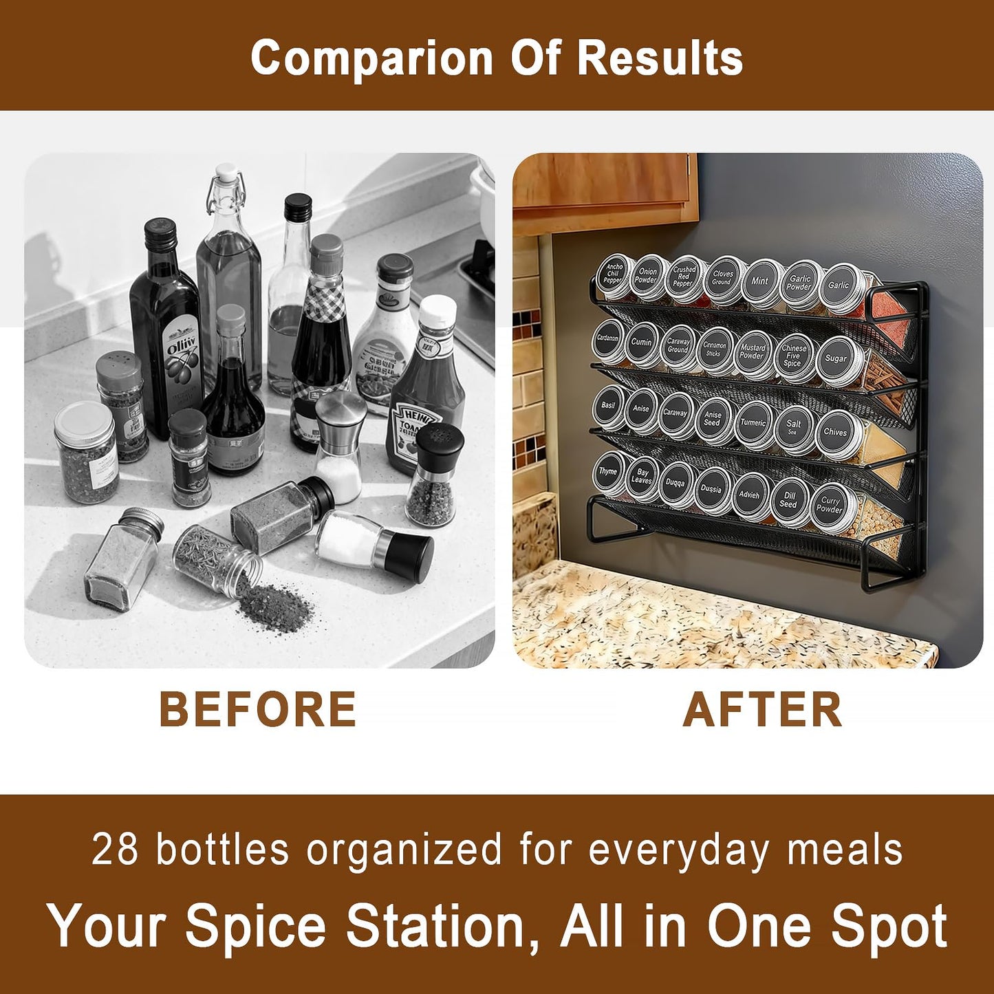 UVIAHOMI Magnetic Spice Rack Organizer for Refrigerator with 28 Spice Jars, 386 Spice Labels, 4 Hook, Chalk Marker and Funnel Set, Magnetic Shelf for Seasoning Organizer, 13.2'' W x 9.8 H, Black