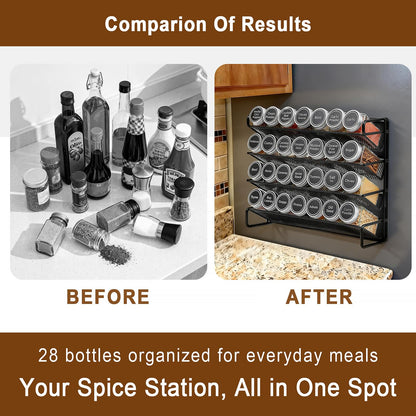 UVIAHOMI Magnetic Spice Rack Organizer for Refrigerator with 28 Spice Jars, 386 Spice Labels, 4 Hook, Chalk Marker and Funnel Set, Magnetic Shelf for Seasoning Organizer, 13.2'' W x 9.8 H, Black
