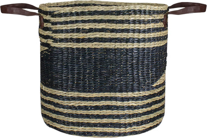Skiennix 15" Beige & Black Woven Seagrass Basket - Stylish Storage Solution with Handles