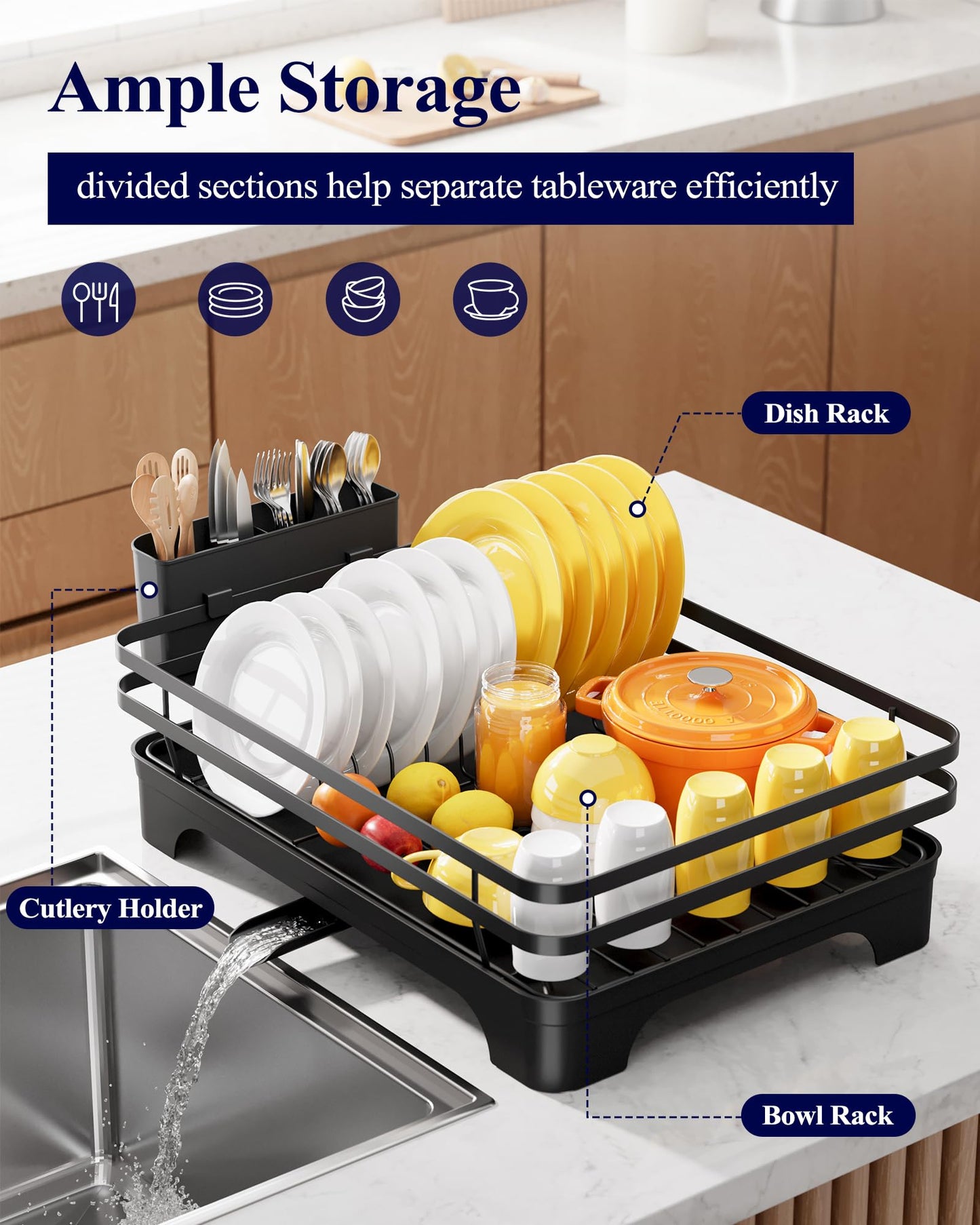 Kitsure Dish Drying Rack - Multi-Functional Dish Rack for Kitchen Counter with Cutlery Holder, Rust-Proof Storage Solution with Rotatable, 15.7" x 12.0" x 5.5", Black