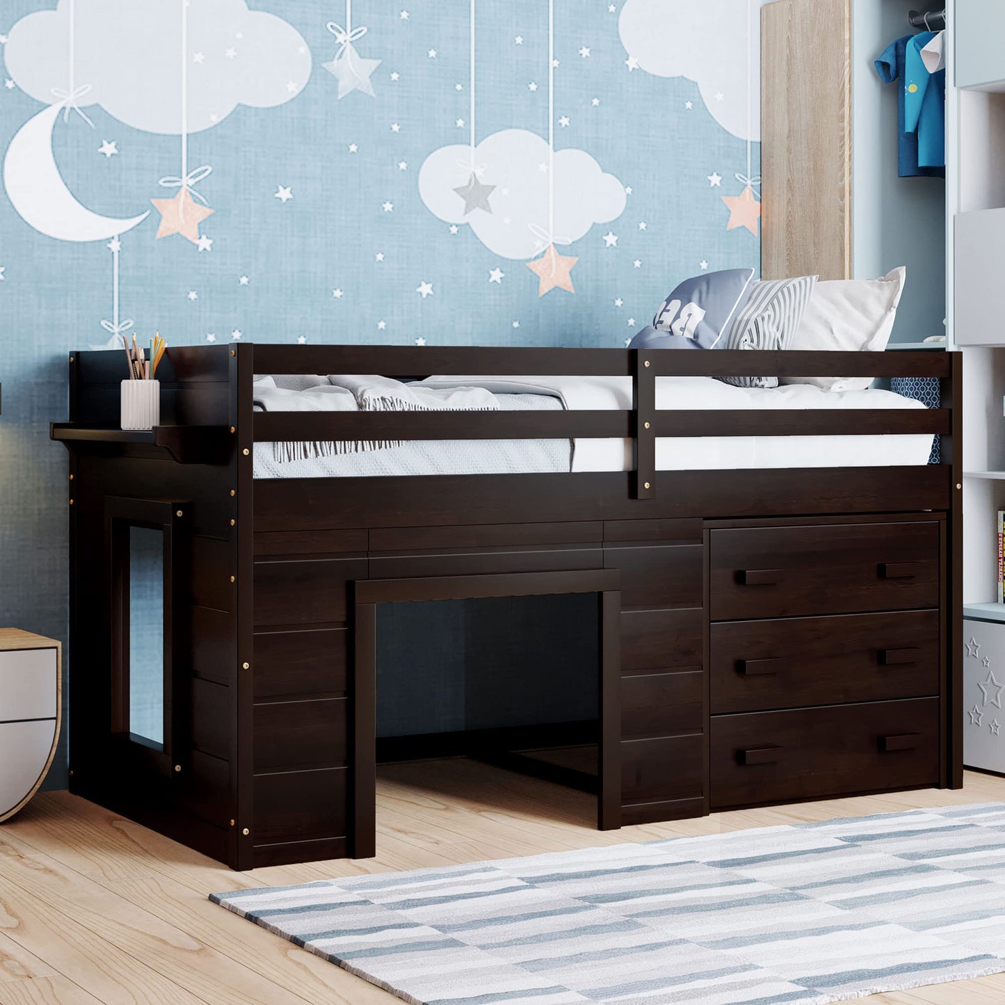 Merax Twin Wooden Loft Bed，Wood Bedframe for Kids Teens， Adults Bedroom with Cabinet, Shelf, Stairs, Espresso