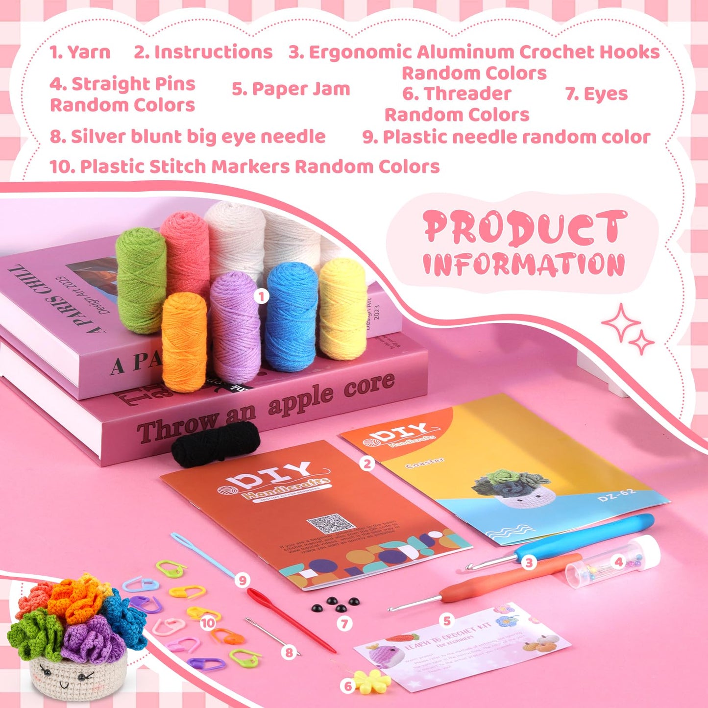 Hssugi Crochet Kit for Beginners, 6PCS Crochet Starter Kit, Potted Plant Coasters Crochet Kit with Step-by-Step Video Tutorials, Crochet Hooks, Learn to Crochet Kits for Adult Beginners