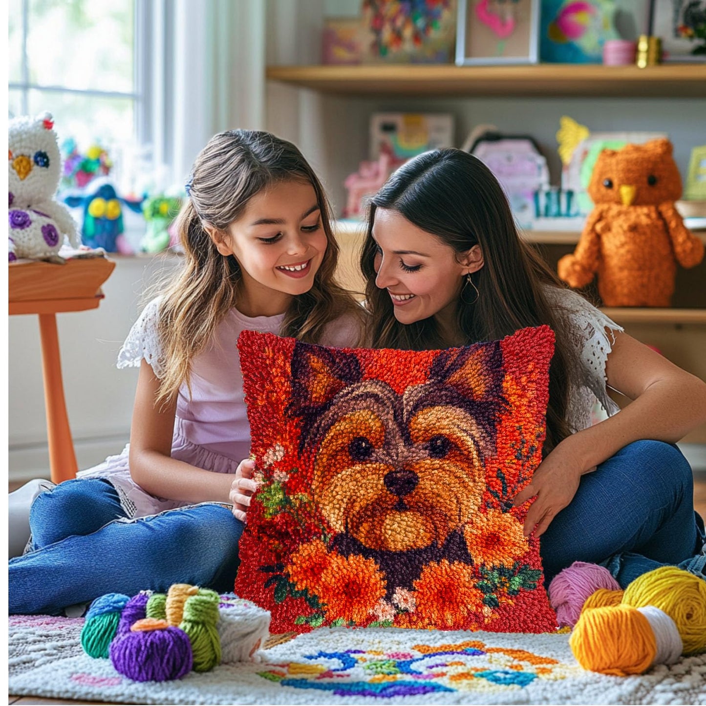 DIY Latch Hook Pillow Kits for Adults Yorkshire Terrier Dog in Flowers Printed Pillowcase Crochet Yarns Hooking Handmade Pillow Cover Cushion for Home Sofa Decoration 17x17inch-7