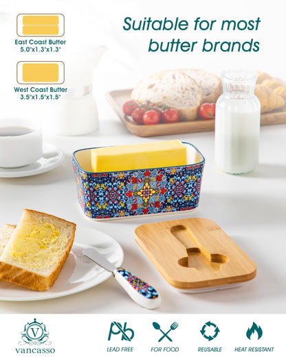 vancasso SIMI Butter Dish with Lid, 6.5" Large Butter Dish for Countertop, Bohemian Ceramic Butter Keeper Container with Knife and Bamboo Lid, Butter Holder for Counter, Twilight Bloom
