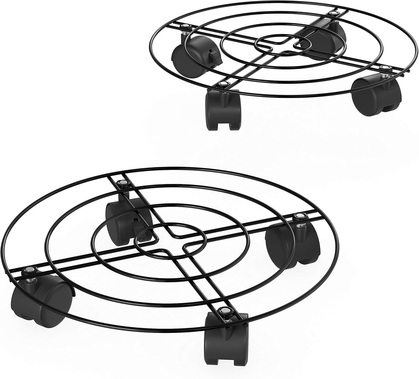 Set 2 12 Metal Plant Caddy- of Round Pot Stand on Wheels- Black Rolling Tray, Locking Casters, Rustproof