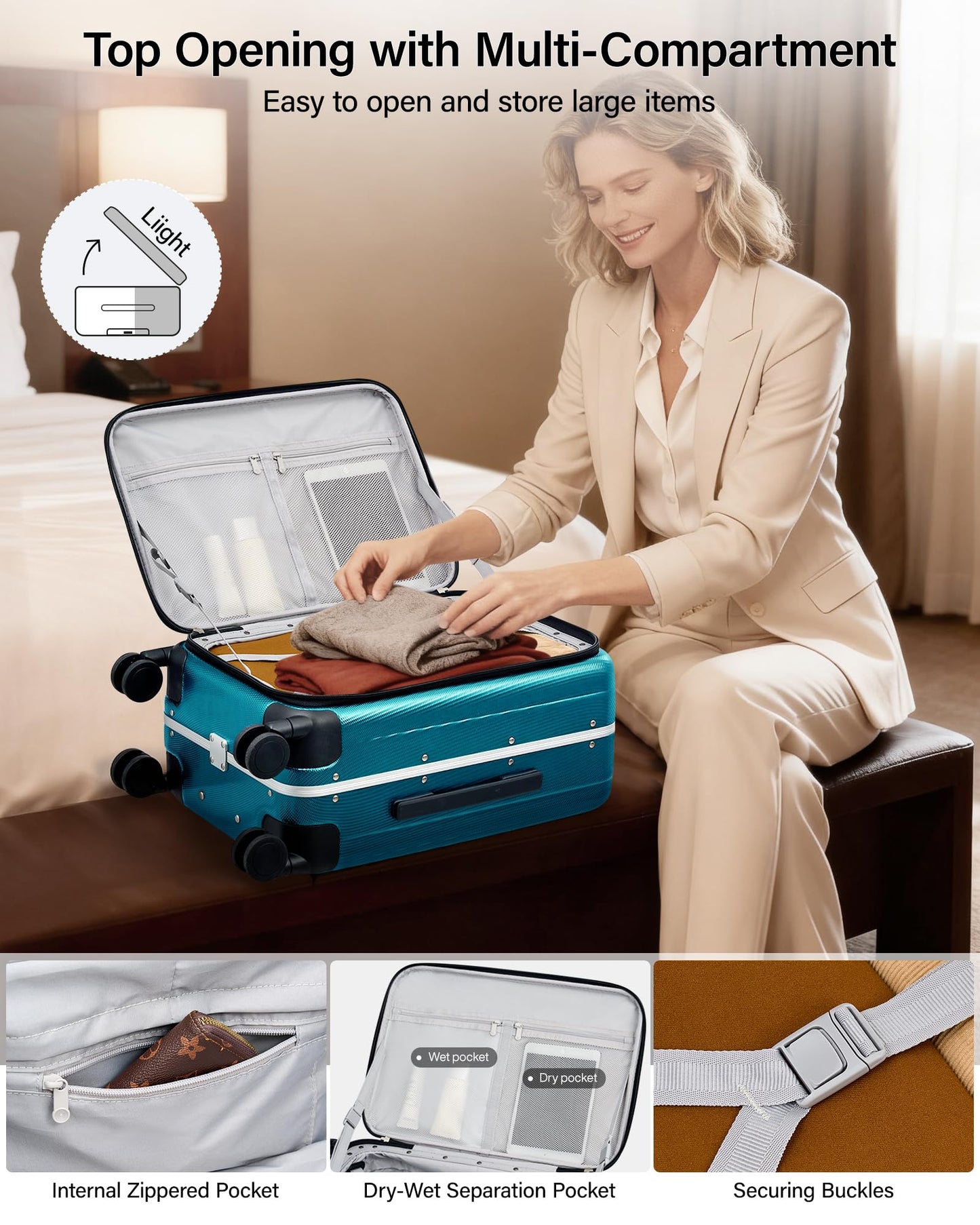 Hanke 26 Inch Large Luggage Hard Shell Top Opening Aluminum Frame Hardside Suitcase with Spinner Wheels, Checked Luggage for Men & Women Travel, Caribbean Blue