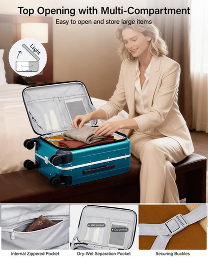 Hanke 26 Inch Large Luggage Hard Shell Top Opening Aluminum Frame Hardside Suitcase with Spinner Wheels, Checked Luggage for Men & Women Travel, Caribbean Blue
