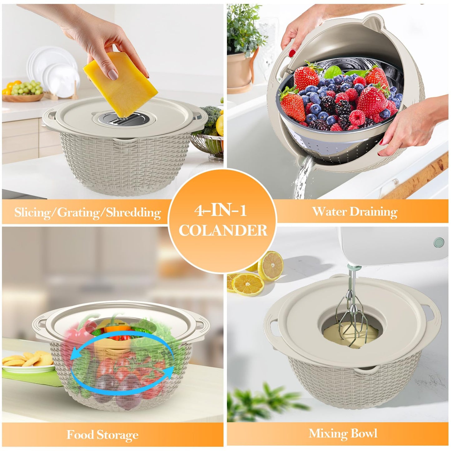4-1 Colander with Bowl Set, Food Strainers and Colanders, Fruit Washing Bowl with Strainer, Rotatable Colander for Kitchen, Aesthetic Kitchen Gadget, Christmas & New Year Gifts - Beige