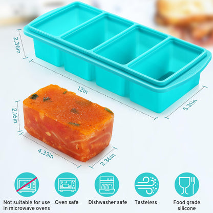 Silicone Freezer Tray with Lid - 1 Cup Silicone Food Freezers Tray - Large Ice Cube Freezer Molds - Soup, Sauce, leftovers, Homemade Meal Prep Freezing Kitchen Storage Containers - Aqua - 4-Pack
