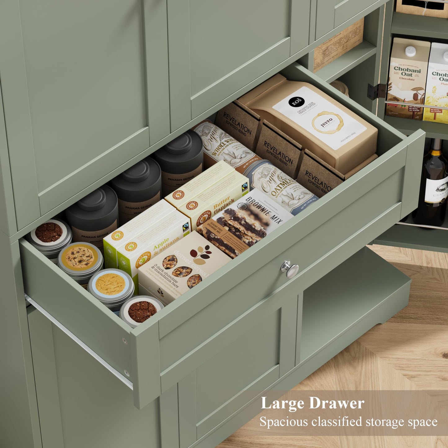 HOSTACK 68" Tall Kitchen Pantry Storage Cabinet, Modern Kitchen Hutch Cabinet with Doors and Shelves, Freestanding Food Pantry with Large Storage Drawer for Dining Room, Living Room, Green
