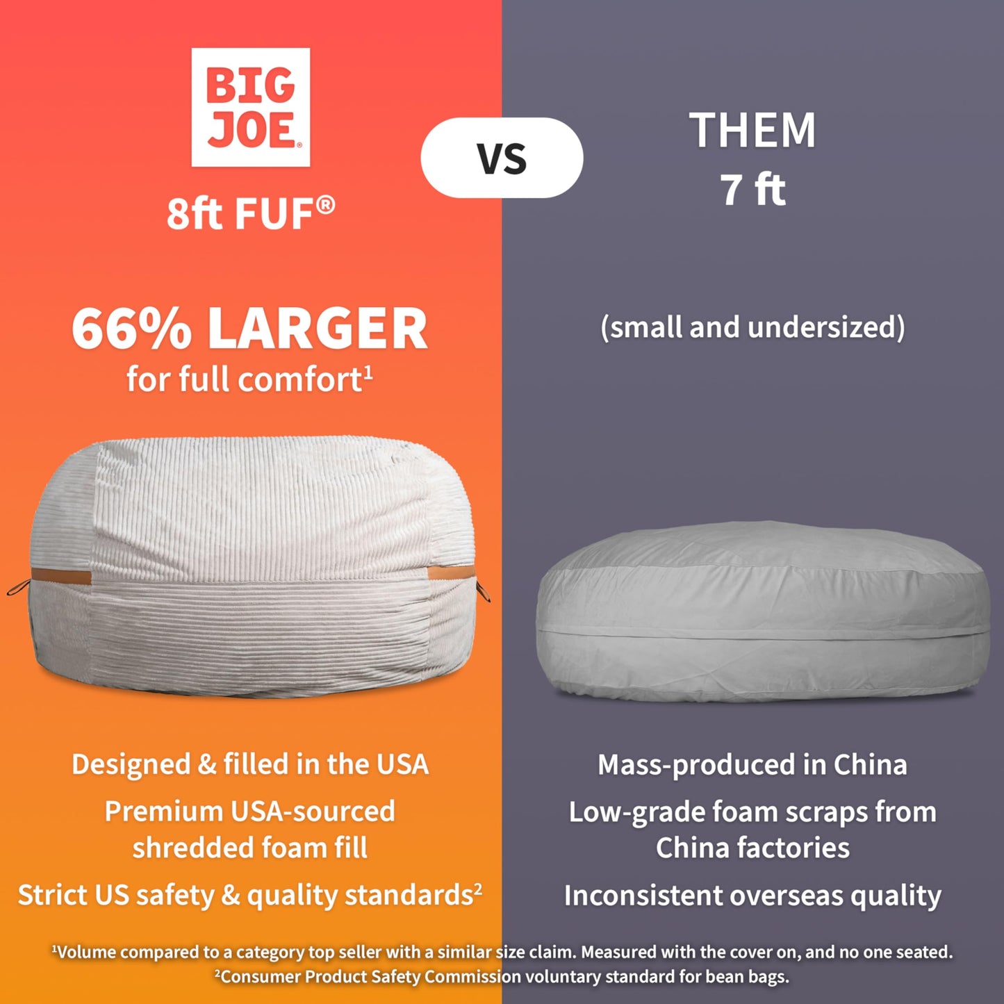 Big Joe Fuf 8Ft Giant Foam Bean Bag Chair, Oversized Couch with Removable Cover for Kids, Teens, Adults, Coffee Soft Vegan Leather, 8 Foot