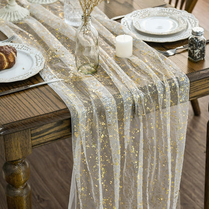 120 Inch 10FT, Artoid Mode Beige Gold Gauze Table Runner Glitter Metallic Foil Sheer Dining Wedding Anniversary Holiday