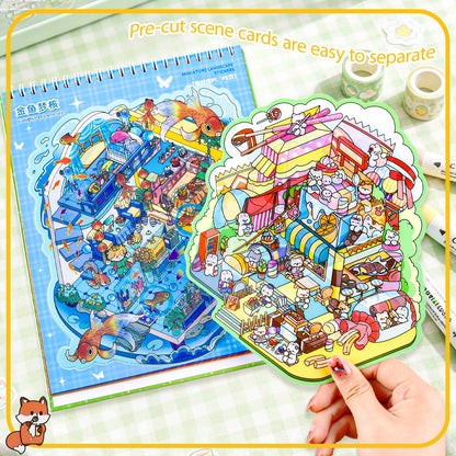 UTOUMON 2 Books Big Size 3D Sticker Scenes Book 16Pcs DIY Make Your Own Scene House Stickers Therapy for Adults Relief Stress Pass The Time (Style 4)
