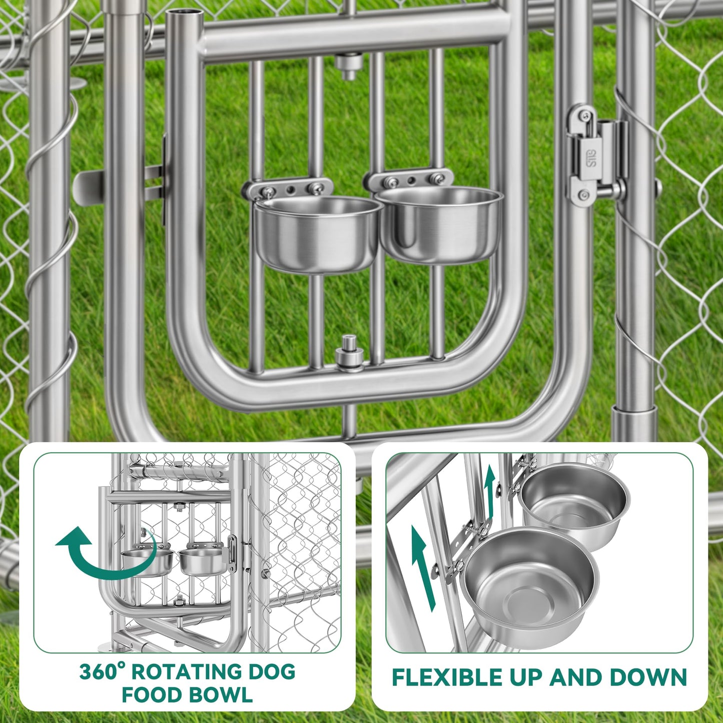 YITAHOME Outdoor Dog Kennel with Rotating Feeder Bowls, 7.5'x7.5' Outdoor Dog Enclosure with Roof, Heavy Duty Dog Cage for Medium Large Dogs