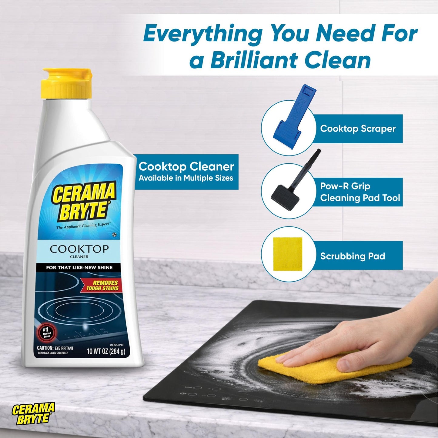 Cerama Bryte Glass Cooktop and Stove Top Cleaner Combo Kit - Includes Cleaning Tool, Razor, Scraper and 1 Pad to Remove Tough Stains - Use on Gas, Electric, Ceramic Surfaces, 10 Ounces, 4 Piece