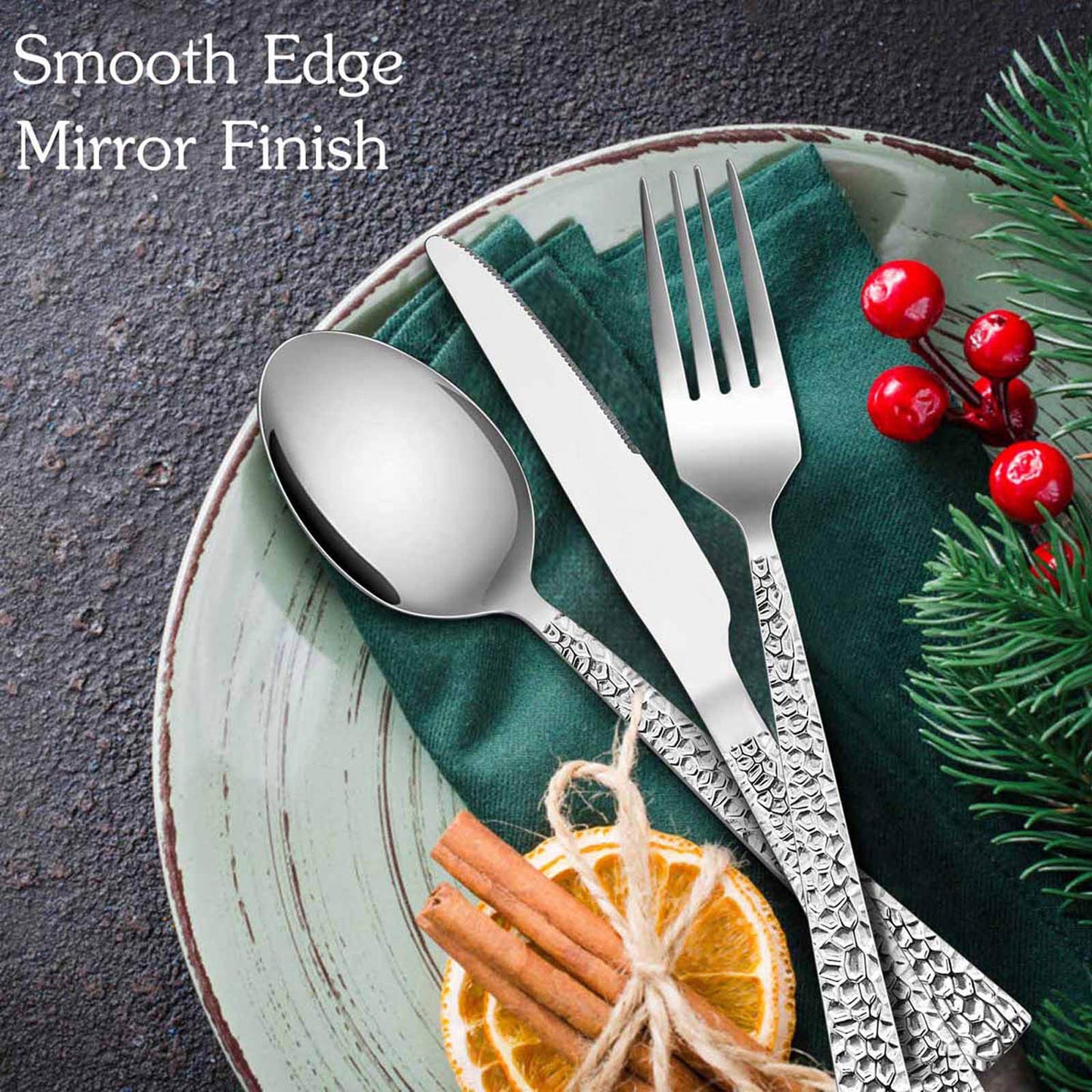 E-far Hammered Silverware Set, 40-Piece Stainless Steel Square Flatware Set for 8, Metal Tableware Cutlery Set Includes Dinner Knives/Forks/Spoons, Modern Design & Mirror Polished - Dishwasher Safe