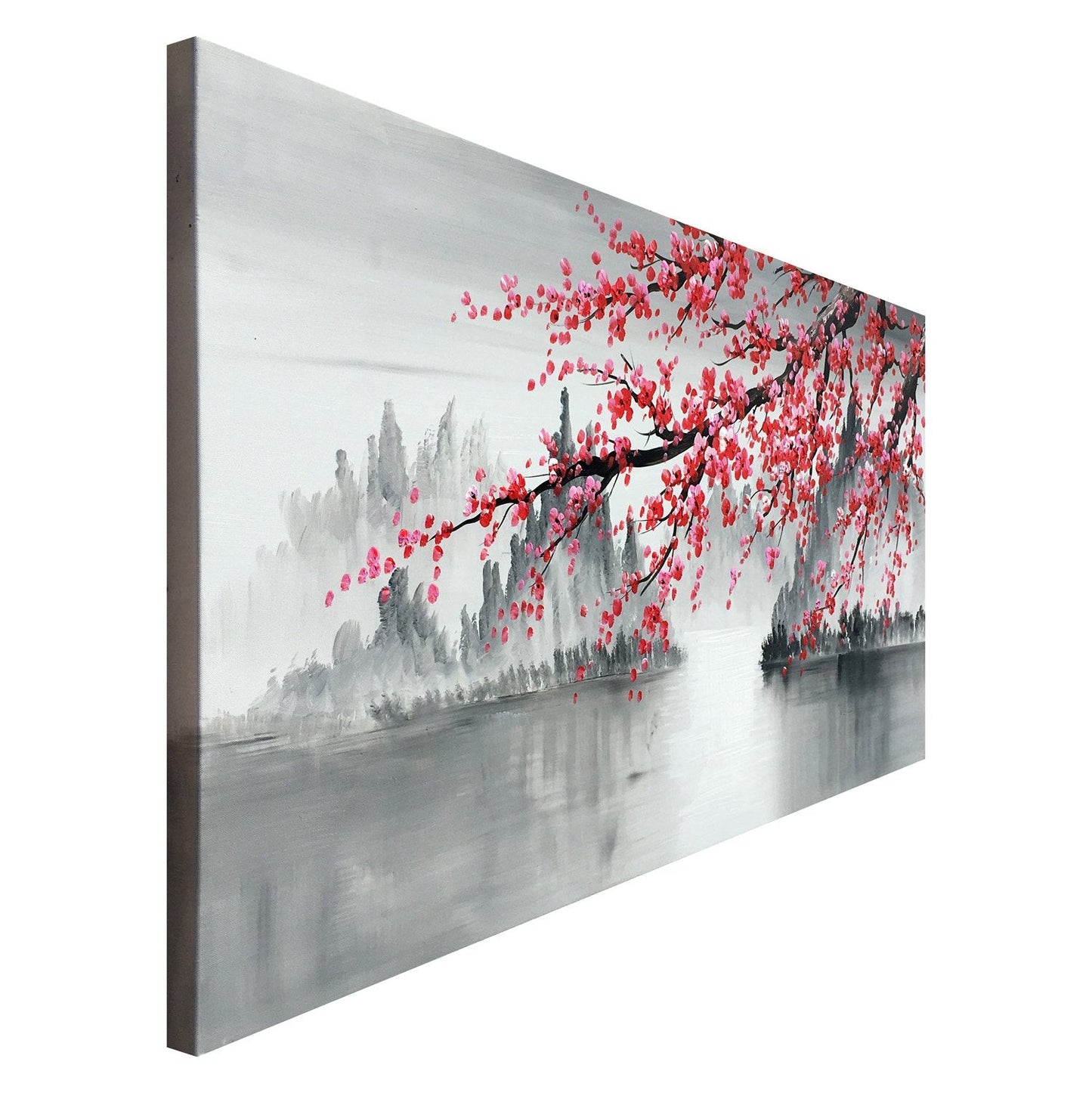 Handmade Traditional Chinese Oil Painting Pink Plum Blossom Canvas Wall Art Modern Black and White Landscape Artwork