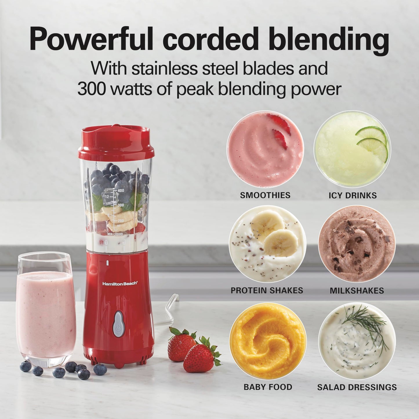 Hamilton Beach Portable Blender for Shakes and Smoothies, 14 Oz BPA Free Travel Cup & Lid, Durable Stainless Steel Blades, Personal Smoothie Blender, Red (51101RV)