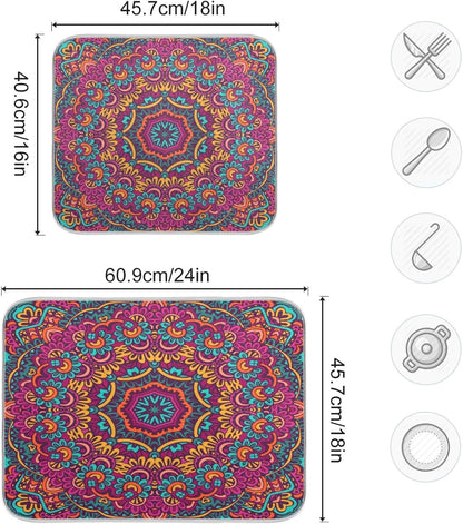 Boho Ethnic Dish Drying Mat - Bohemian Mandala Paisley Kitchen Countertop Mat, 16 x 18 Inch Absorbent