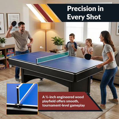 Hathaway Maverick 7 Foot Pool Table with Table Tennis Top – With Accessories for Both Games – Space-Saving Ping Pong and Pool Table Combo for Families – Matte Black Finish, Red Felt