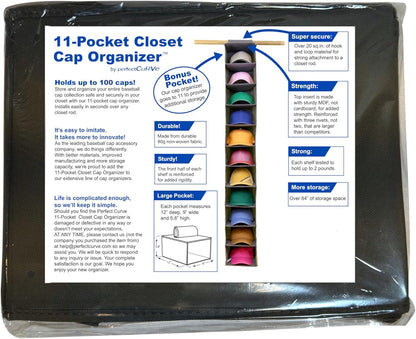 Perfect Curve 11-Pocket Baseball Hat Organizer - Gray Hat Storage Rack for Closet, Holds 100 Caps