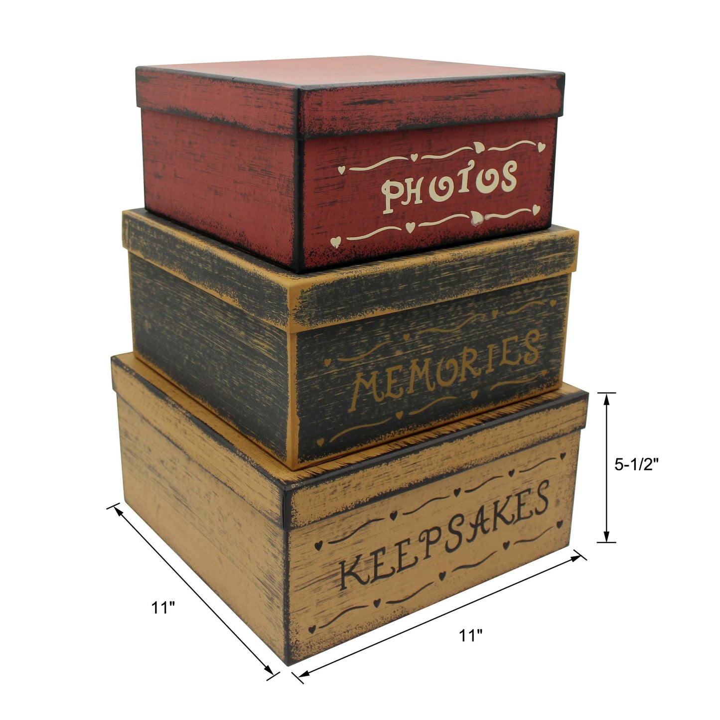 CVHOMEDECO. Primitive Vintage Square Photos, Memories, Keepsakes Cardboard Nesting Boxes, Large 11 X 11 X 5-1/2 Inch. Set of 3.