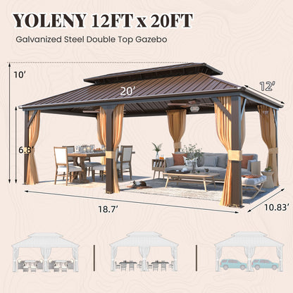 YOLENY 12' X 20' Hardtop Gazebo, Galvanized Steel Ventilation Double Roof Aluminum Frame, Curtains and Netting Included, Outdoor Gazebo for Garden, Patio, Lawns, Parties