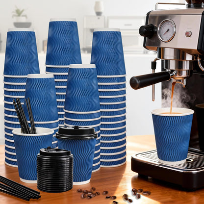 RAZCC Coffee Cups, 100 Pack 12 oz Disposable Blue Insulated Paper Cups, Corrugated Kraft Ripple Wall Cup, Comes With Lids and Straws, Suitable for Hot and Cold Drinks