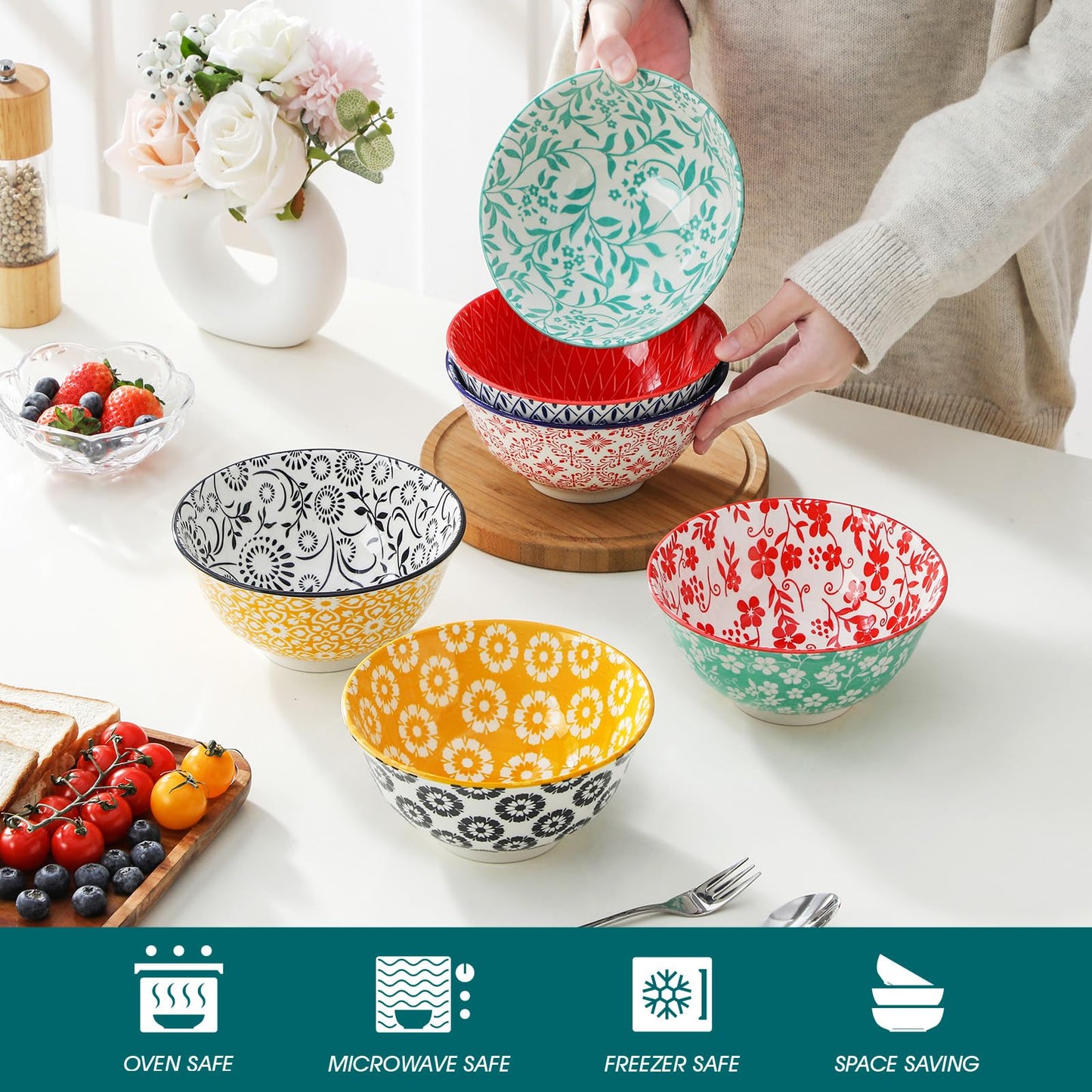 vancasso SELENE 24 oz Cereal Bowls set of 6, Ceramic Soup Bowls for Kitchen, Dishwasher & Microwave Oven Safe- for Cereal, Soup, Pasta, Salad, Vivid Floral Design Bowl Set