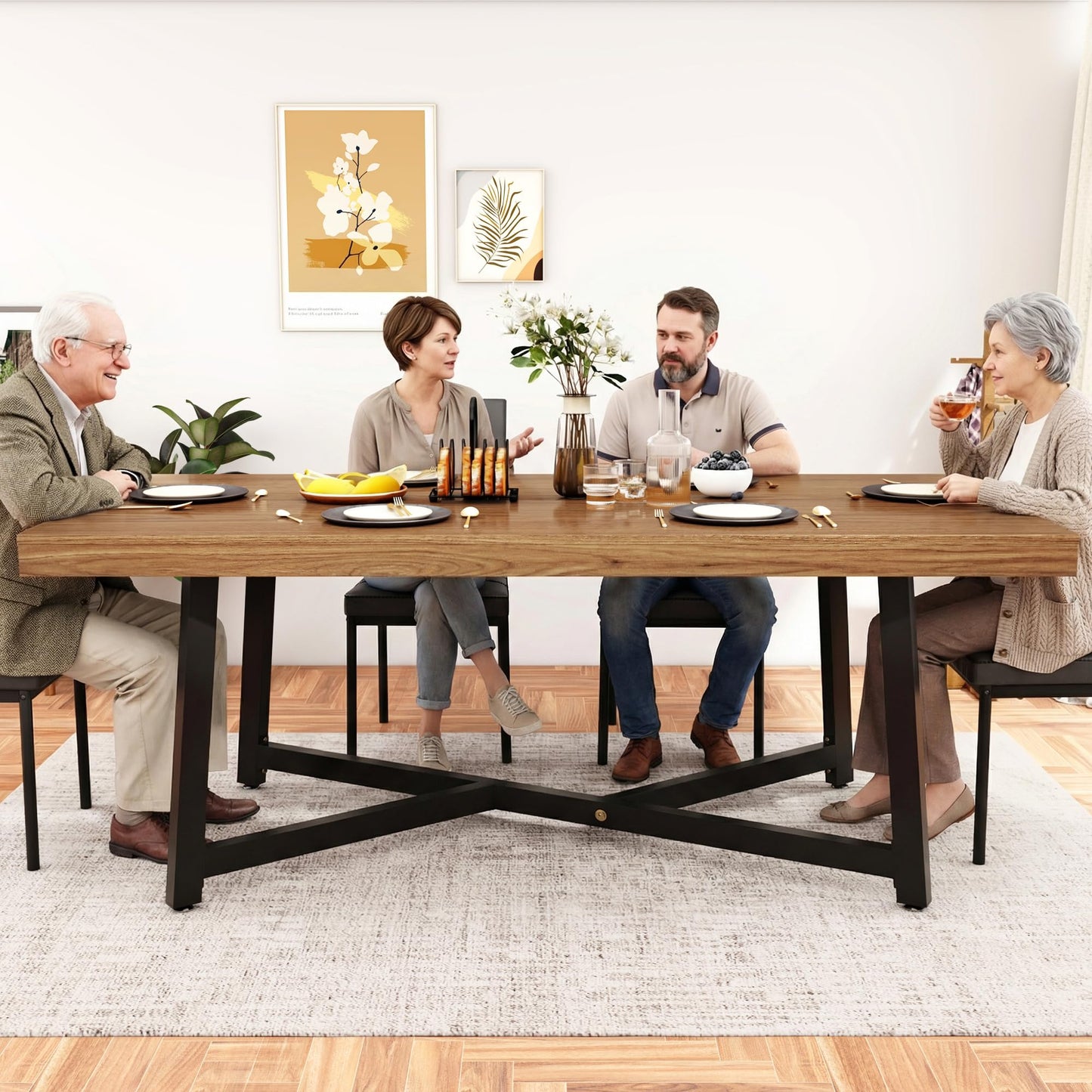 71" Farmhouse Dining Table for 4,6,8 People,Wooden Rustic Kitchen Table W/Thickness Waterproof Wood Tabletop,Rectangular Long Brown Dinner Table for Home Office,Dining Room,Living Room Furniture