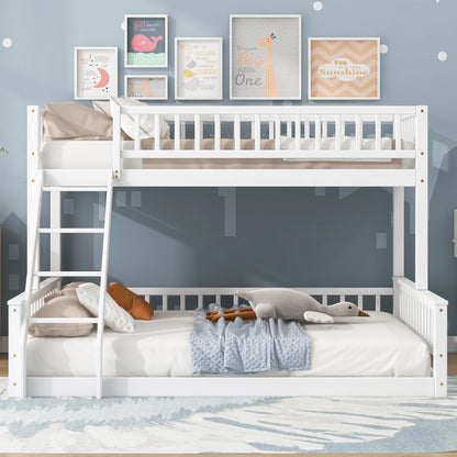 Merax Twin XL Over Queen Floor Bunk Bed with Ladder and Guardrails, Bedroom Wood Bunk Bed Frame for Kids/Teens/Youths/Adults, Space Saving & Noise Free, No Box Spring Needed, White