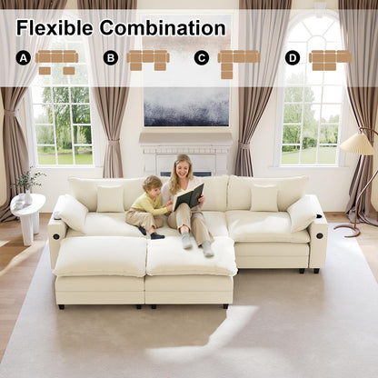 KCGKCG 116" Modular Sectional Sofa, U Shaped Cloud Couch with Movable Ottoman, Chenille Deep Seat Cloud Sofa with Charging Station, Cup Holder, Side Pocket, Sectional Couches for Living Room, Beige
