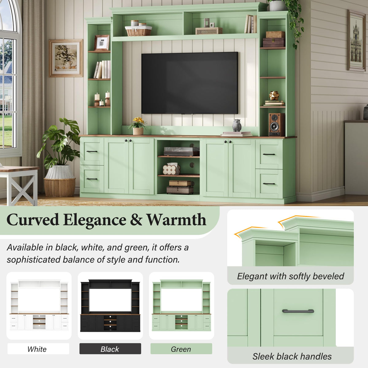 Ball & Cast 94.8" Entertainment Center Wall Unit with Bookshelf for TVs Up to 70",Farmhouse Large TV Stand with Walnut Adjustable Shelves,Retro Media Console with 4 Drawers for Living Room,Mint Green