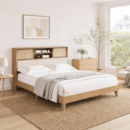 GarveeHome Queen Size Solid Wood Bed Frame with Storage Headboard, Rattan Upholstered Bookcase Headboard with Sliding Doors & Charging Station, No Bos Spring Needed