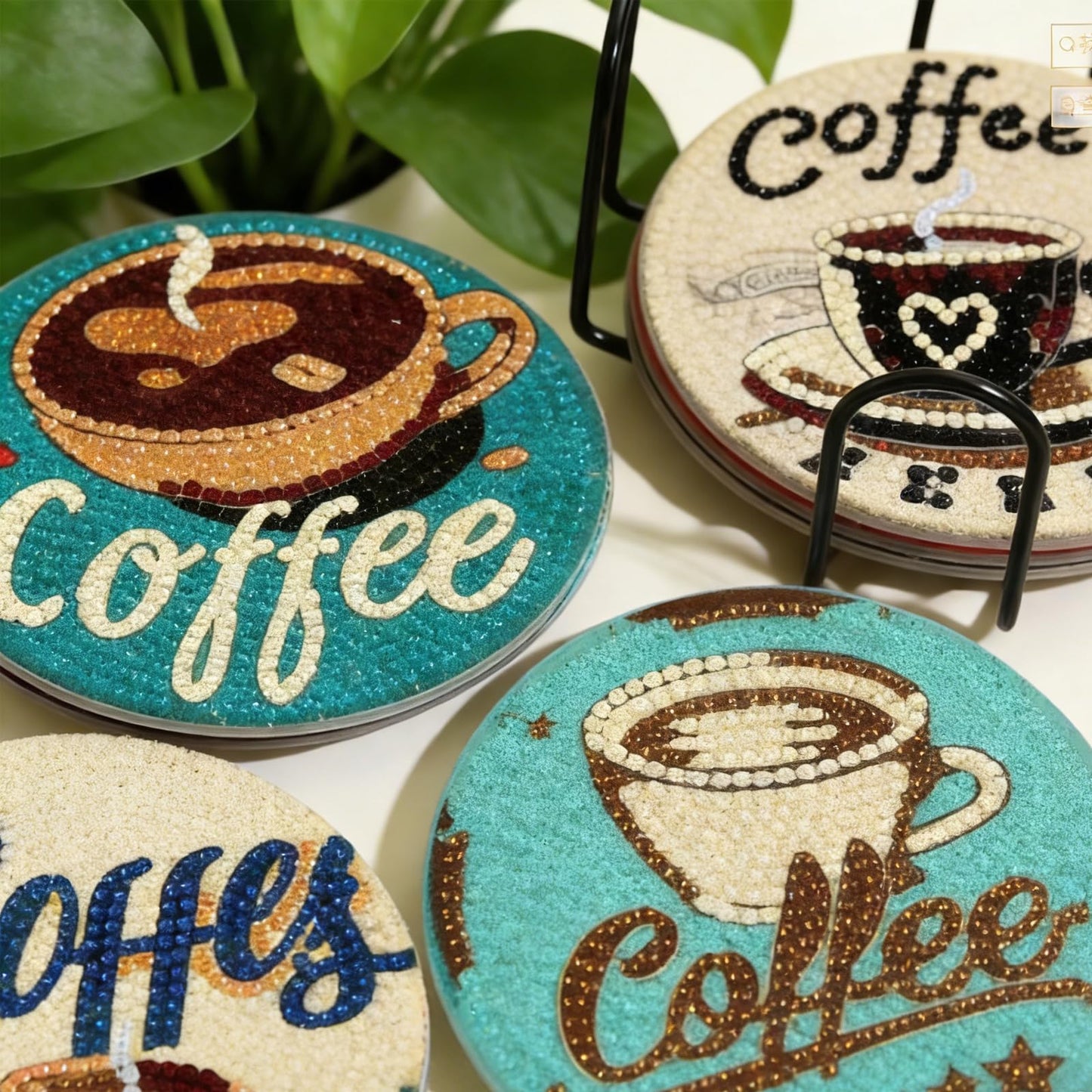 8 Pcs Coffee Diamond Art Coasters Kits with Holder, DIY Diamond Painting Coasters for Adults and Beginners, Small Diamond Art Kit Craft Supplies with Non-Slip Cork Base for Home Decor Gift 4.02inch