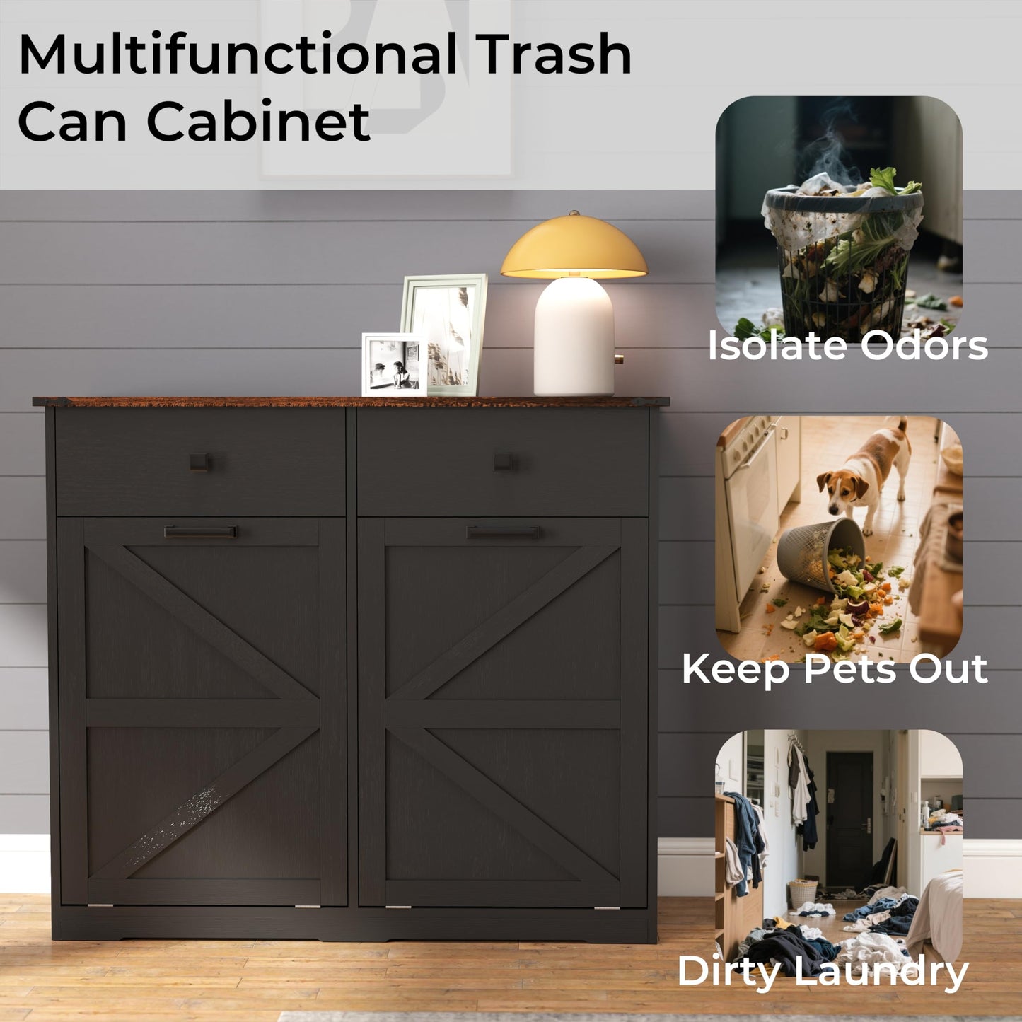 HUYYA Modern Sideboard Cabinet Buffet Storage Console Credenza for Dining Room, Free Standing Tilt Out Trash, Laundry Sorter Cabinet with Sturdy Construction and Easy Clean Surf