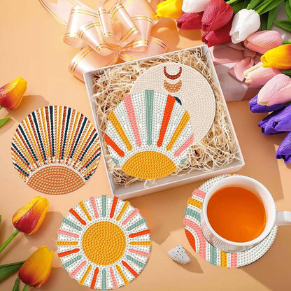 5D DIY Boho Minimalist Sun Moon Diamond Paintings Coasters with Holder for Adults Beginners, 6 pcs Round Full Drill Diamond Art Craft Supplies (Sun Moon QLBD-16)