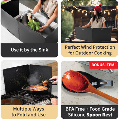 Foldable, Nonstick, Grease Splatter Guard for Stove Top by Baetle– Heavy-Duty Stainless Steel Oil Splash Shield, Premium Black Style, 29.5" Wide Back Panel, 13.6" Deep–with Spoon Rest