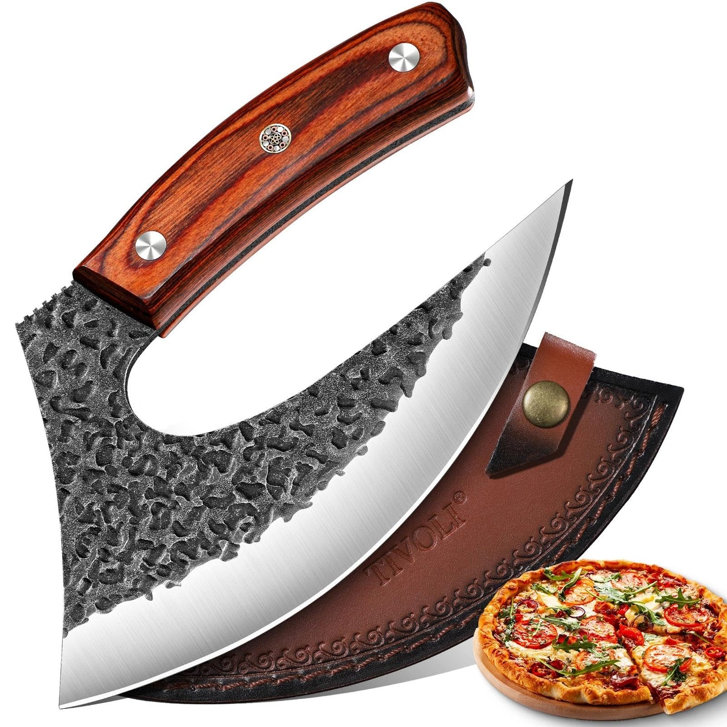 TIVOLI Ulu Knife with Sheath – Full Tang Rosewood Handle, Gift-Ready Box, Viking-Style Cleaver & Pizza Cutter for Meat, Herbs, and Outdoor Cooking –A Christmas Gift for Men and Women