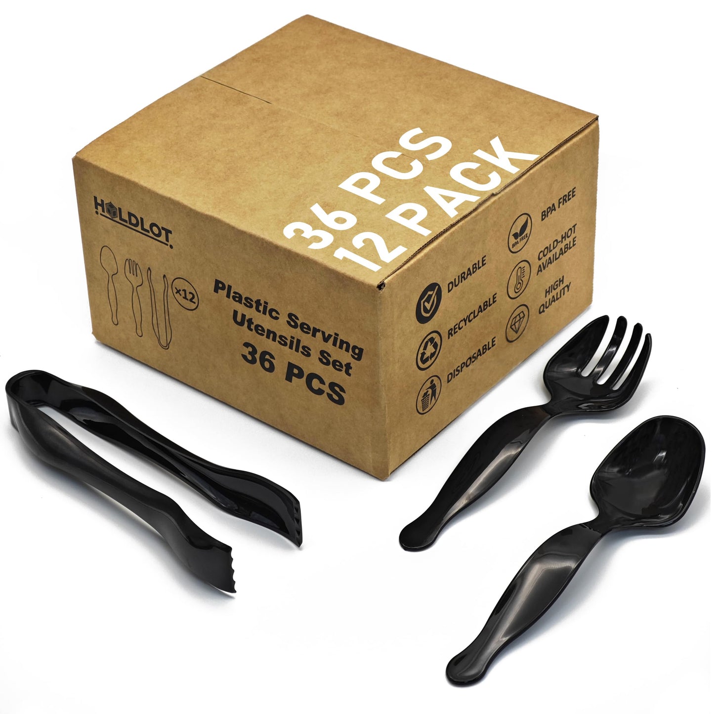 Plastic Serving Utensils 36PCS, Disposable Serving Utensils for Buffets Events Parties - 12 Sets of Heavy Duty Plastic Serving Spoons, Forks, Tongs for Wedding/Birthday/Catering Events (Black)
