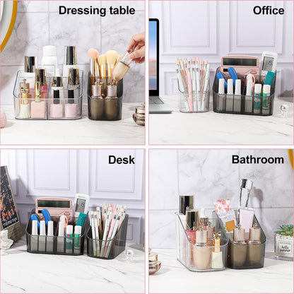 DASITON 3 Slots Makeup Brush Holder, Acrylic Make Up Brush Holder Organizer for Vanity, Bathroom Countertop, Small Makeup Organizer Brush Cup Cosmetic Brushes Storage, Pen Holder for Desk (Clear S)